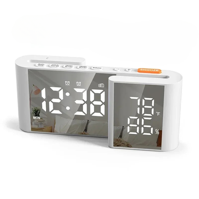 Radiobudík se zrcadlovým displejem a teploměrem