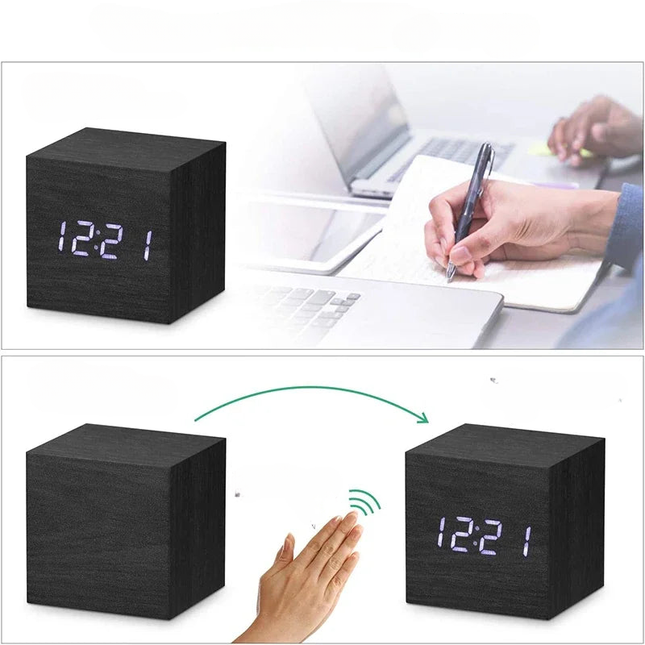 Černý dřevěný LED budík kostka