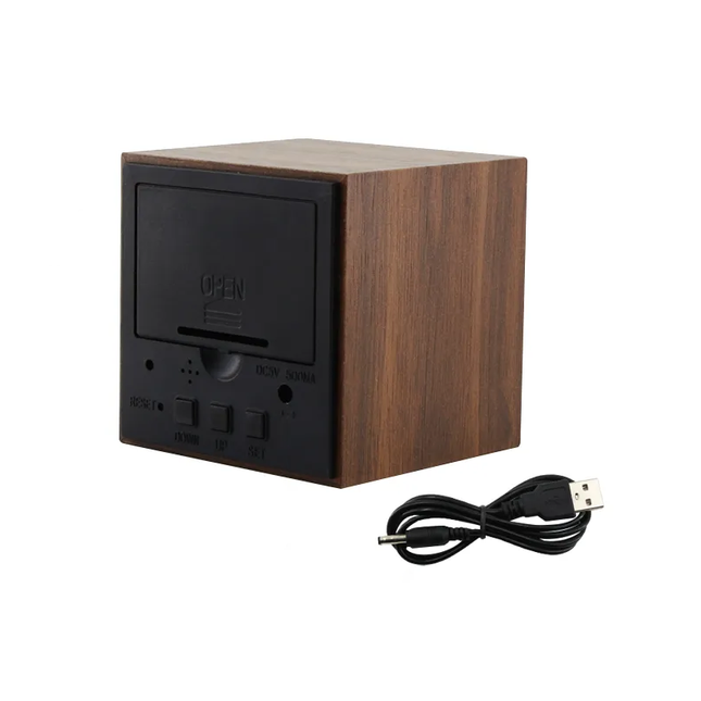 Dřevěný budík kostka s teploměrem