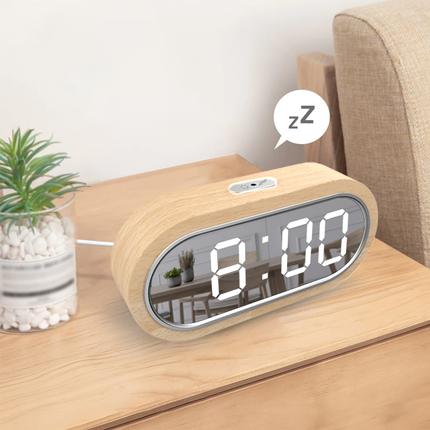 Dřevěný LED budík se zrcadlovým efektem