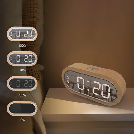 Dřevěný LED budík se zrcadlovým efektem