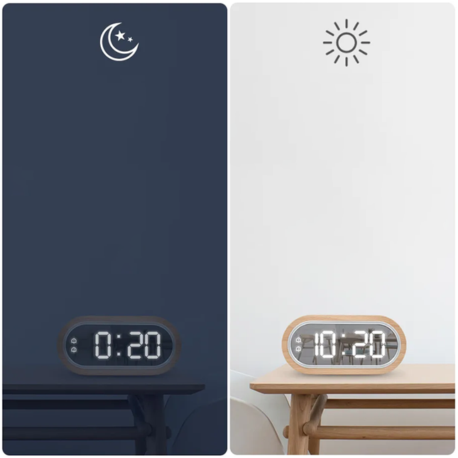 Dřevěný LED budík se zrcadlovým efektem