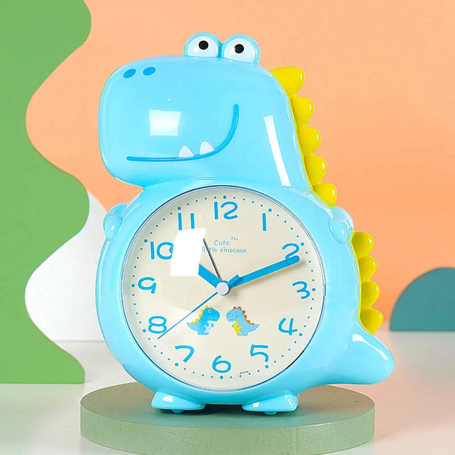 Modrý analogový budík pro děti dinosaurus