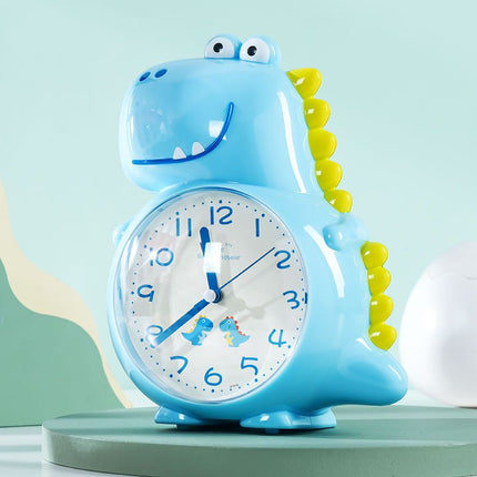 Modrý analogový budík pro děti dinosaurus