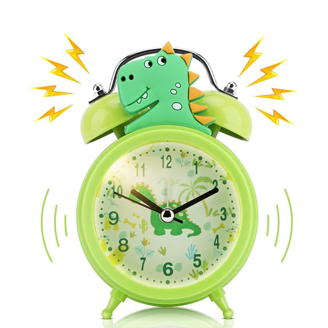 Zelený dětský budík dinosaurus se zvonky