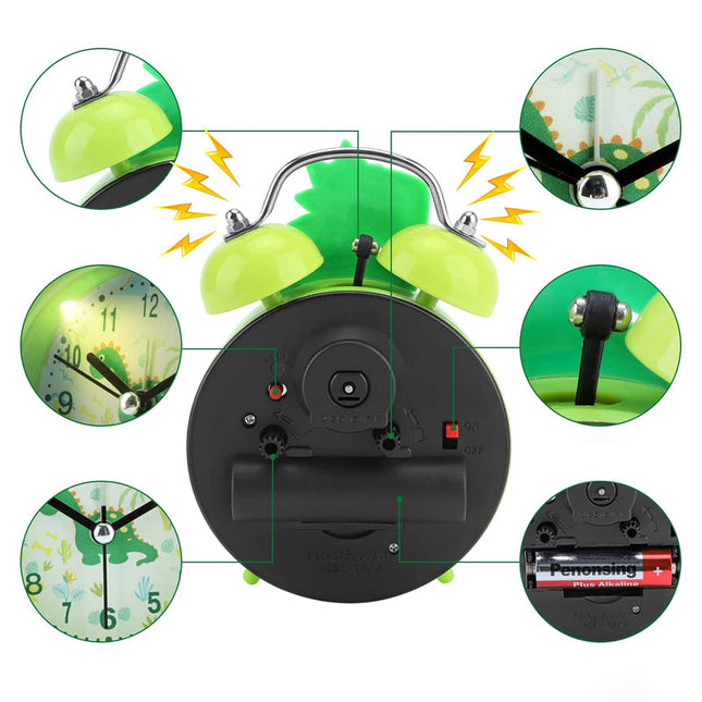 Zelený dětský budík dinosaurus se zvonky