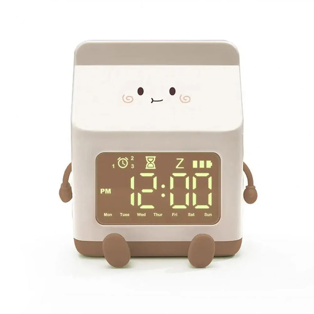 Dětský budík ve tvaru krabice mléka