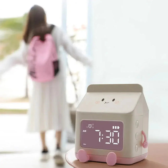 Dětský budík ve tvaru krabice mléka