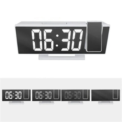 Bílý zrcadlový budík s projekcí času