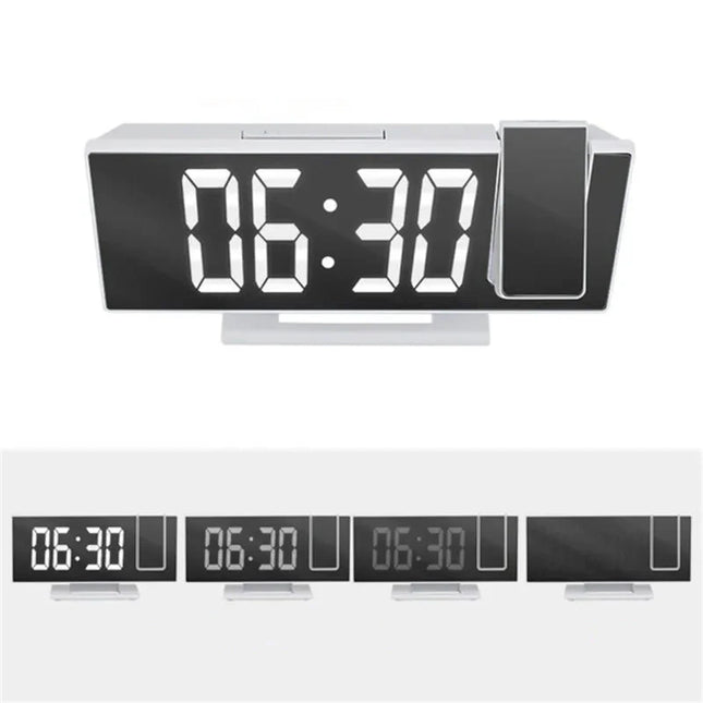 Bílý zrcadlový budík s projekcí času