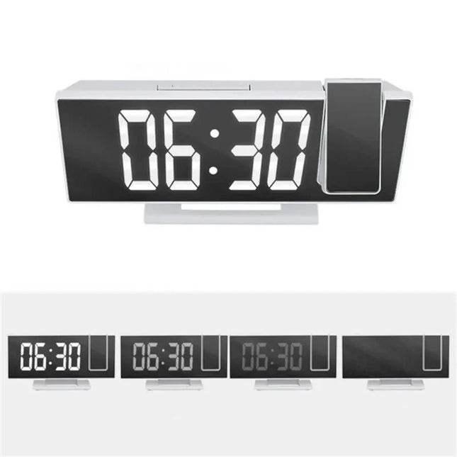Bílý zrcadlový budík s projekcí času