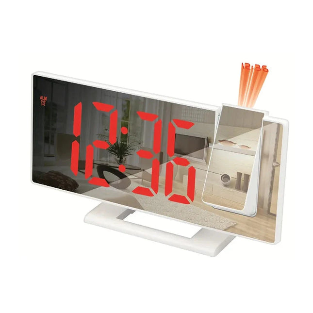 Bílý zrcadlový budík s projekcí času