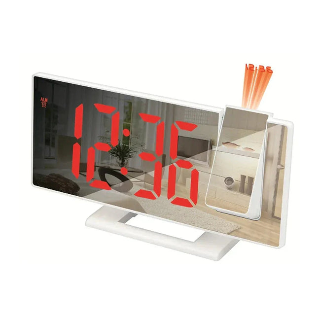 Bílý zrcadlový budík s projekcí času