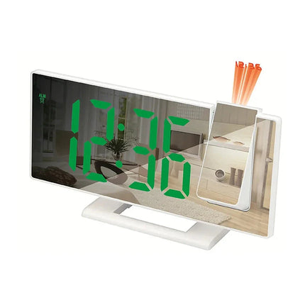 Bílý zrcadlový budík s projekcí času