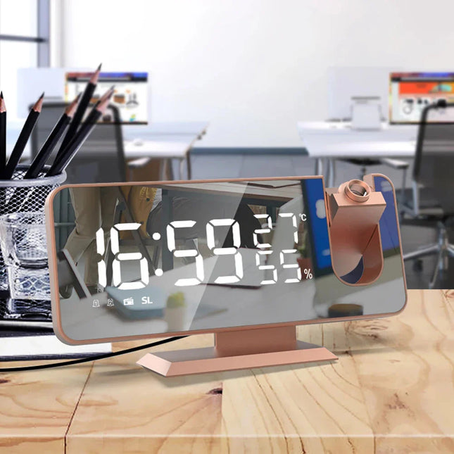 Zrcadlový budík s projektorem růžově zlatý