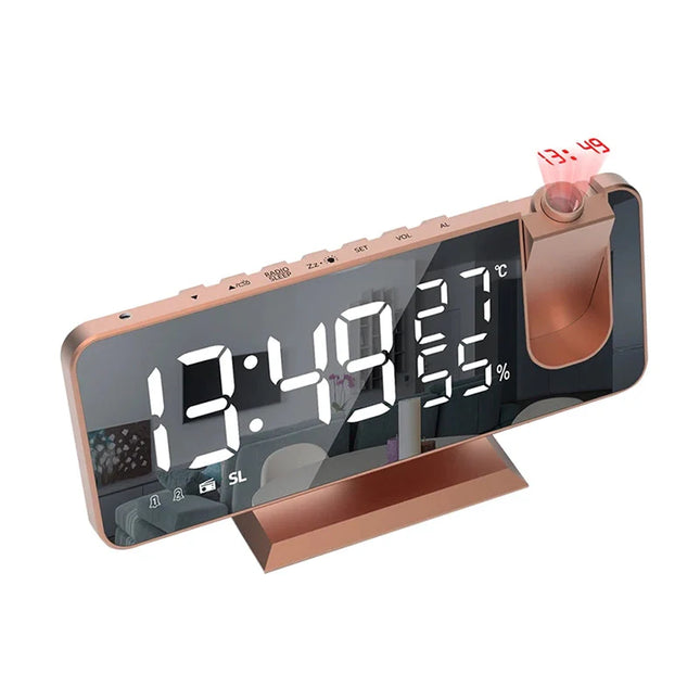 Zrcadlový budík s projektorem růžově zlatý
