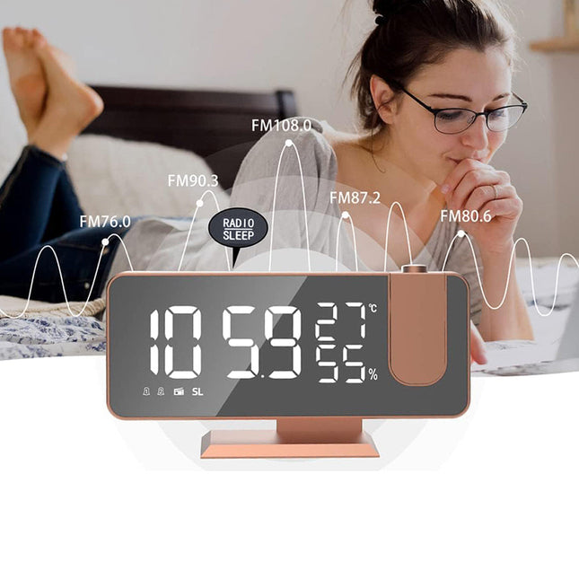 Zrcadlový budík s projektorem růžově zlatý